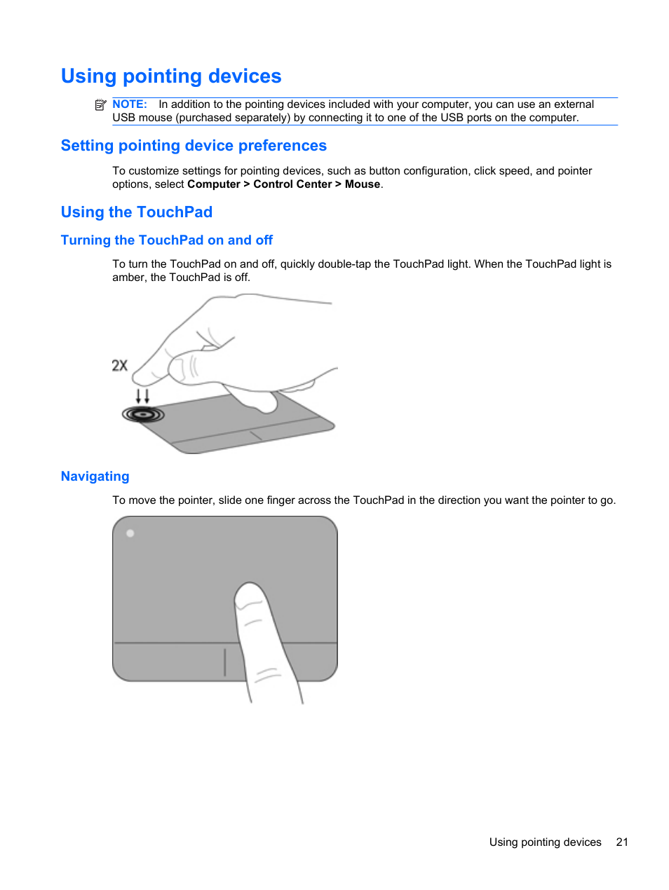 Using pointing devices, Setting pointing device preferences, Using the touchpad | Turning the touchpad on and off, Navigating, Turning the touchpad on and off navigating | HP Mini 100e Education Edition User Manual | Page 29 / 75