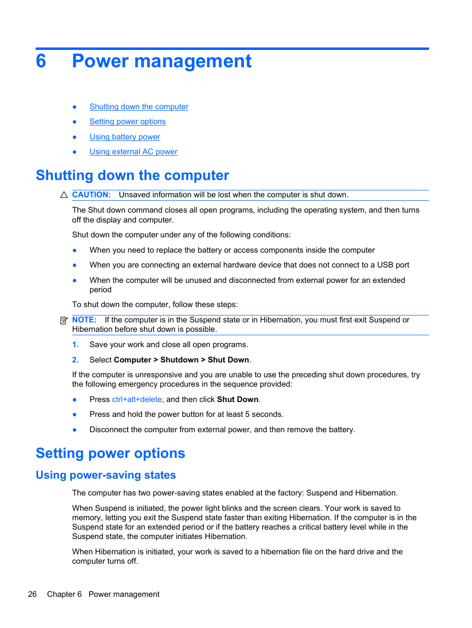 Power management, Shutting down the computer, Setting power options | Using power-saving states, 6 power management, Shutting down the computer setting power options, 6power management | HP Mini 100e Education Edition User Manual | Page 34 / 75