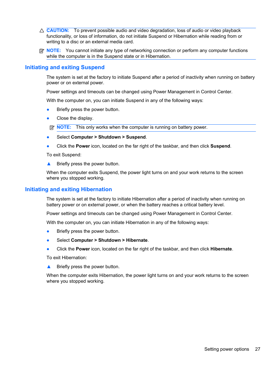 Initiating and exiting suspend, Initiating and exiting hibernation | HP Mini 100e Education Edition User Manual | Page 35 / 75