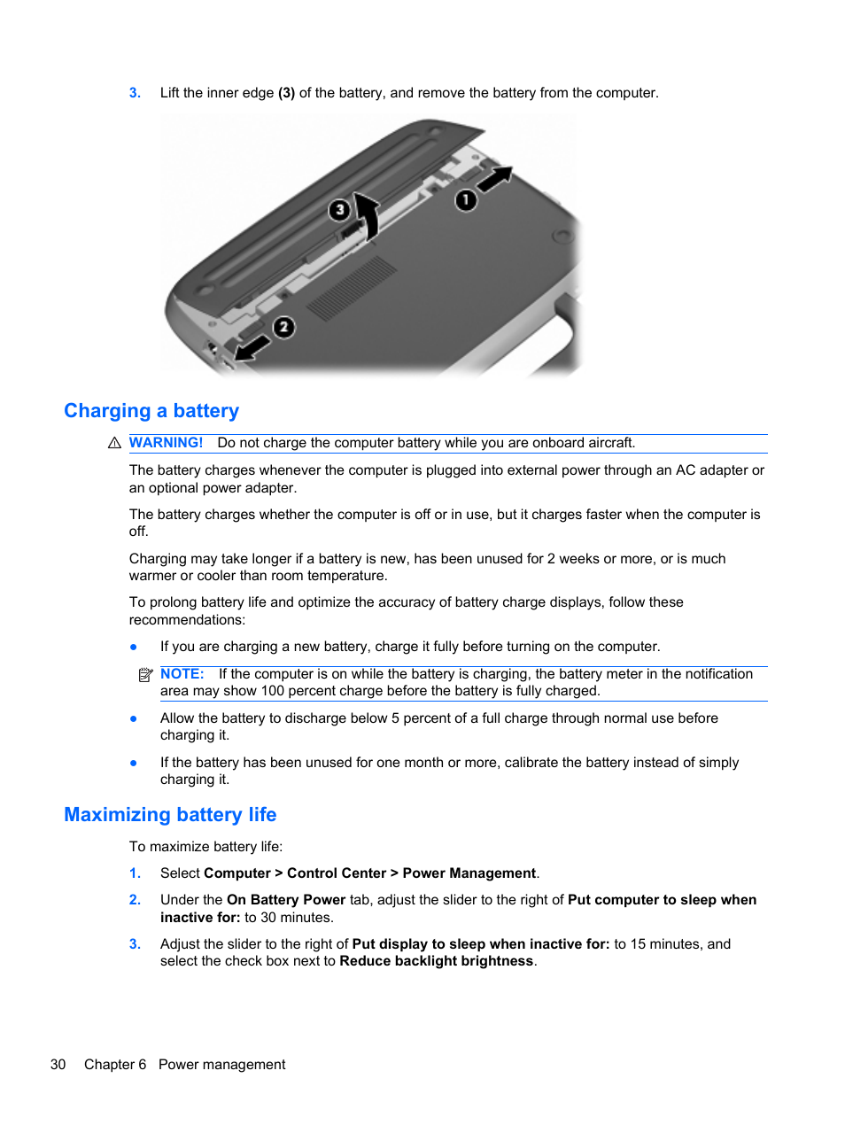 Charging a battery, Maximizing battery life, Charging a battery maximizing battery life | HP Mini 100e Education Edition User Manual | Page 38 / 75