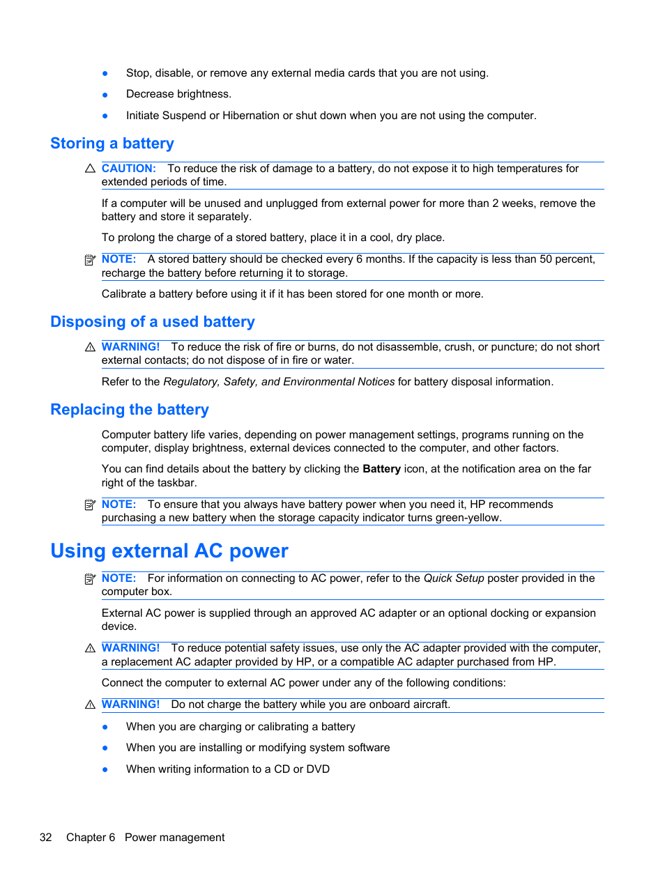 Storing a battery, Disposing of a used battery, Replacing the battery | Using external ac power | HP Mini 100e Education Edition User Manual | Page 40 / 75