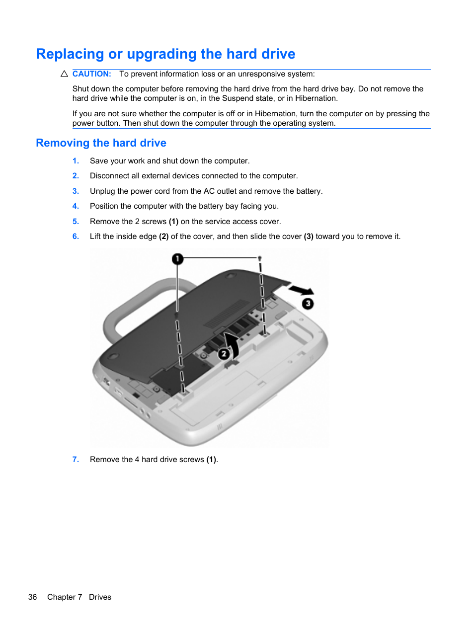 Replacing or upgrading the hard drive, Removing the hard drive | HP Mini 100e Education Edition User Manual | Page 44 / 75