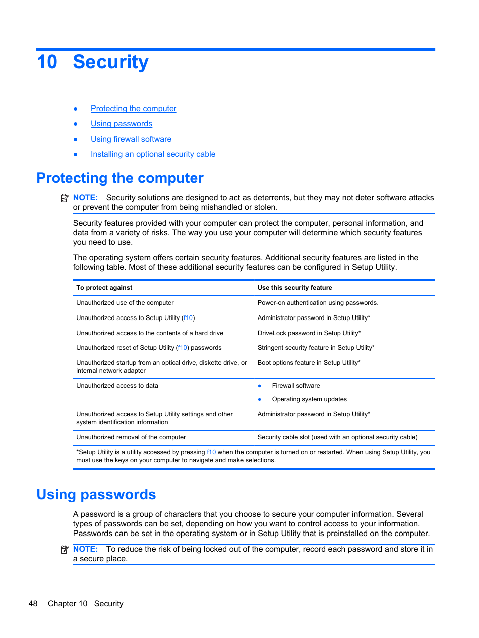 Security, Protecting the computer, Using passwords | 10 security, Protecting the computer using passwords | HP Mini 100e Education Edition User Manual | Page 56 / 75