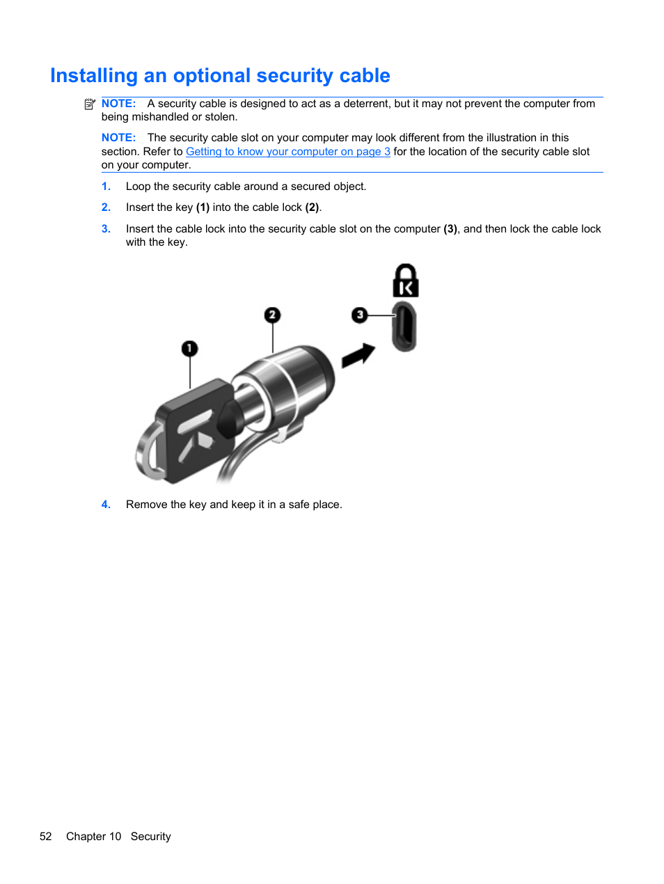 Installing an optional security cable | HP Mini 100e Education Edition User Manual | Page 60 / 75