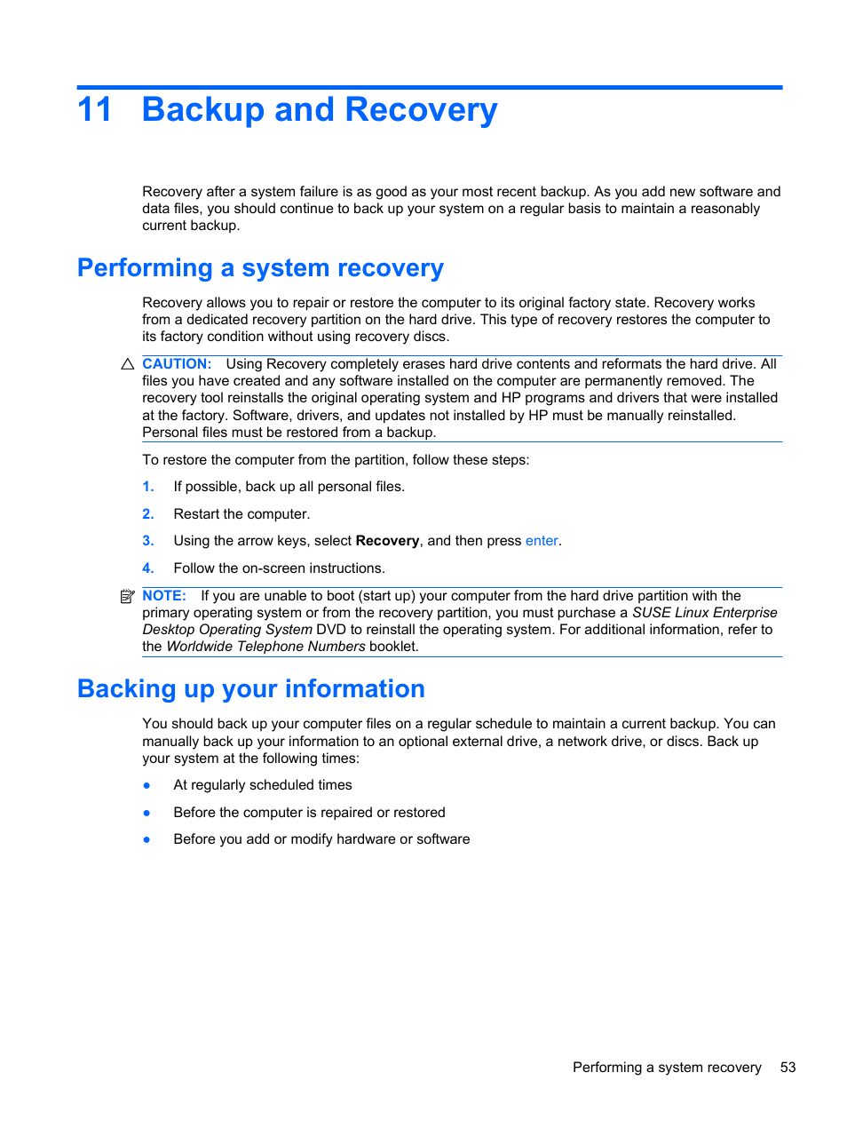 Backup and recovery, Performing a system recovery, Backing up your information | 11 backup and recovery | HP Mini 100e Education Edition User Manual | Page 61 / 75