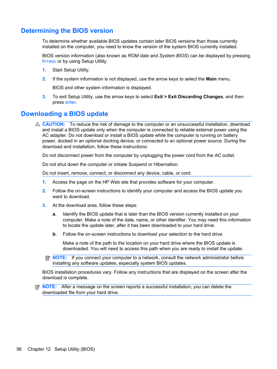 Determining the bios version, Downloading a bios update | HP Mini 100e Education Edition User Manual | Page 64 / 75