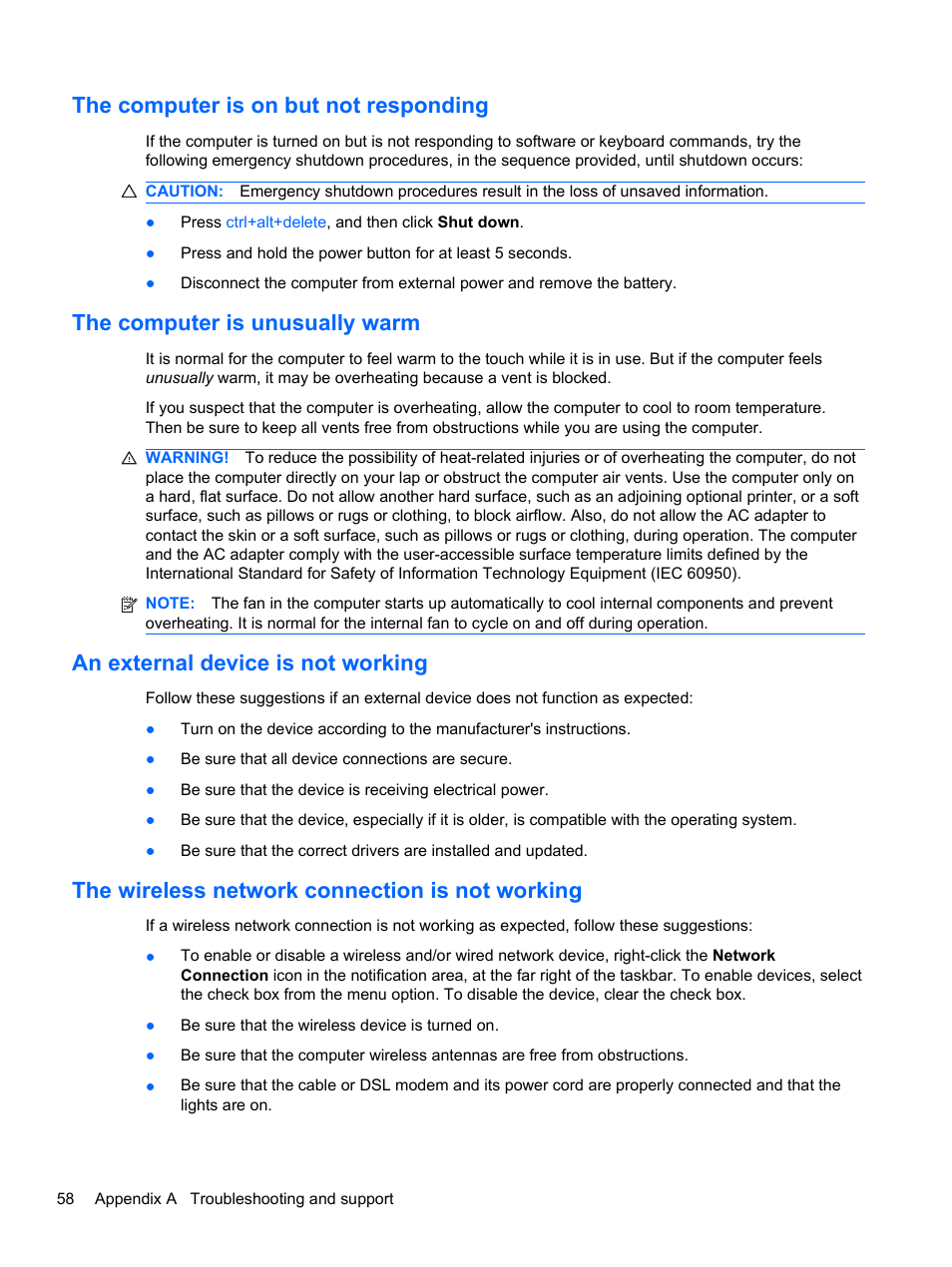 The computer is on but not responding, The computer is unusually warm, An external device is not working | The wireless network connection is not working | HP Mini 100e Education Edition User Manual | Page 66 / 75