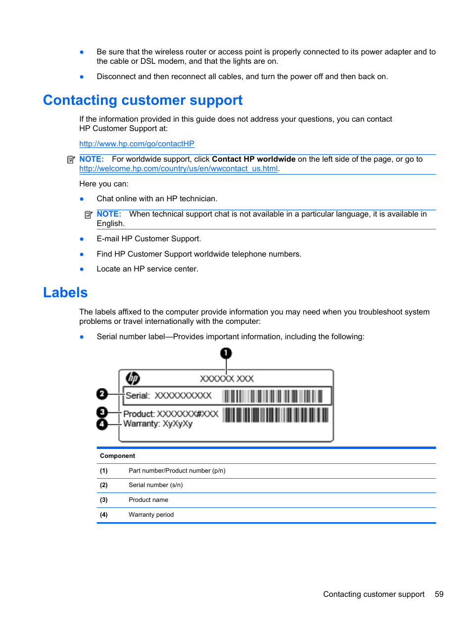 Contacting customer support, Labels, Contacting customer support labels | HP Mini 100e Education Edition User Manual | Page 67 / 75