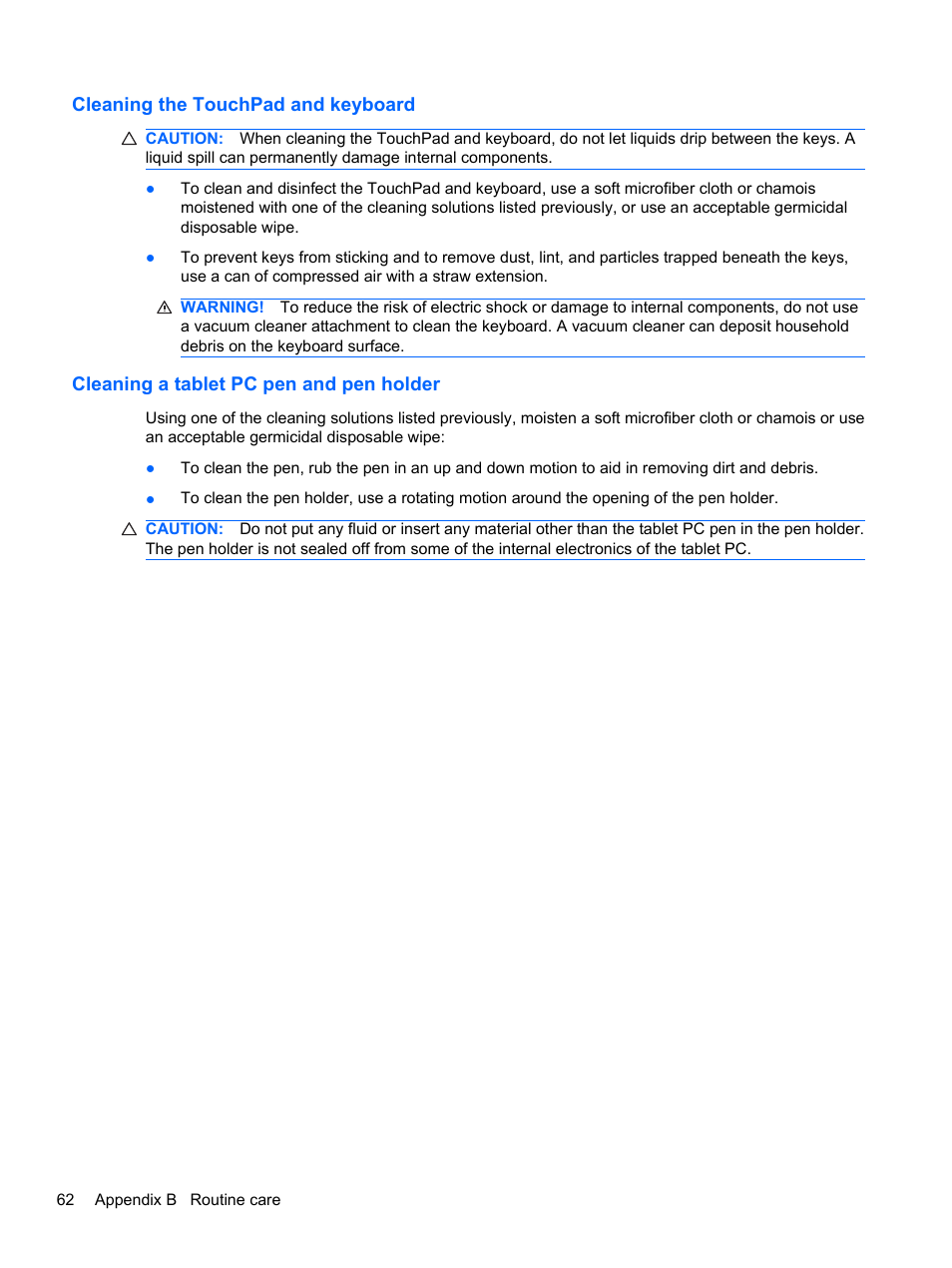 Cleaning the touchpad and keyboard, Cleaning a tablet pc pen and pen holder | HP Mini 100e Education Edition User Manual | Page 70 / 75