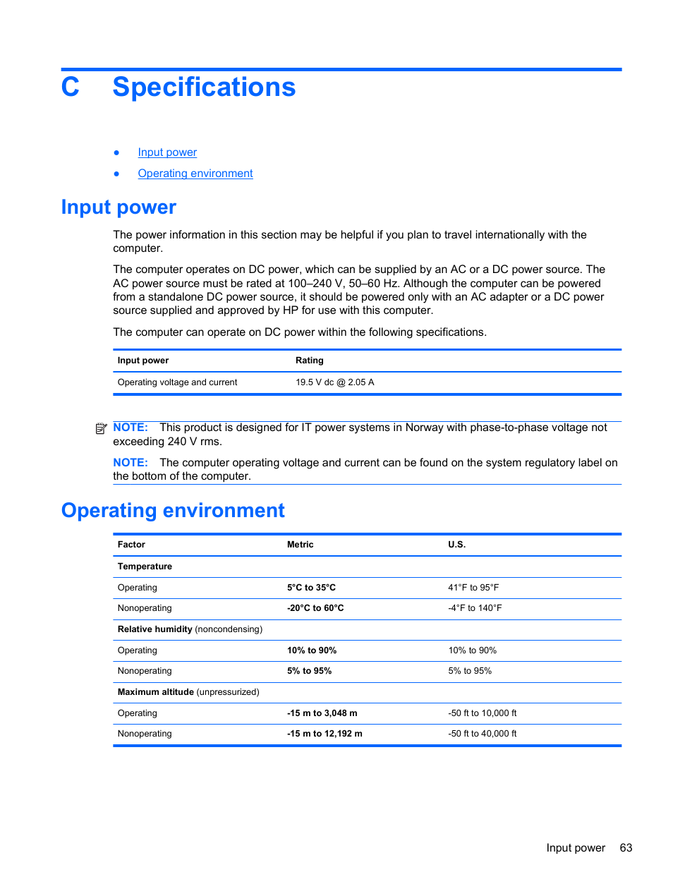 Specifications, Input power, Operating environment | Appendix c specifications, Input power operating environment, Cspecifications | HP Mini 100e Education Edition User Manual | Page 71 / 75