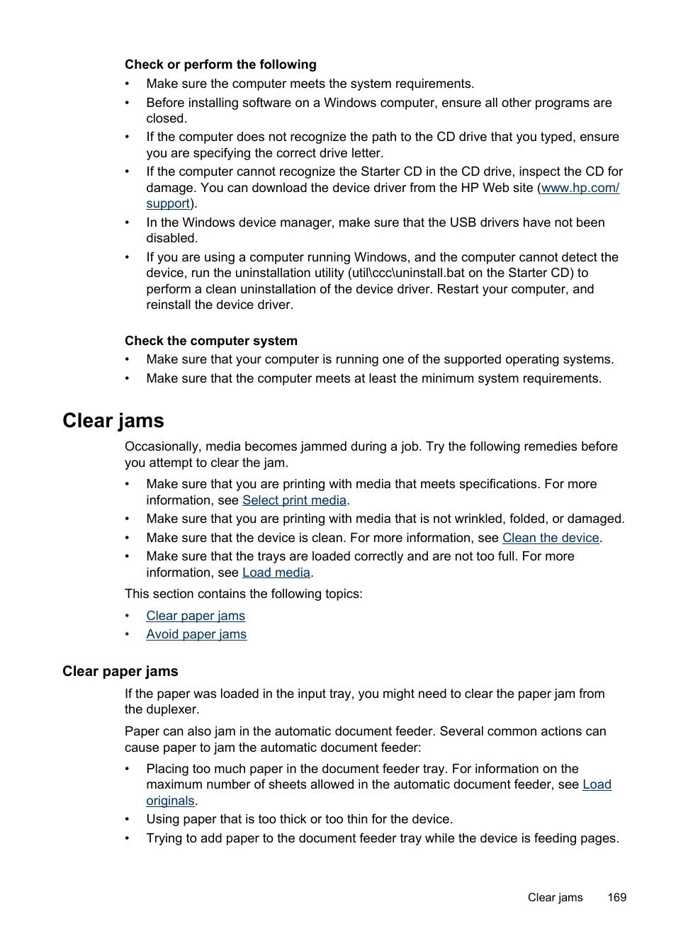Clear jams, Clear paper jams, Clear paper jams avoid paper jams | Check for jams. see | HP Officejet J6480 All-in-One Printer User Manual | Page 173 / 218