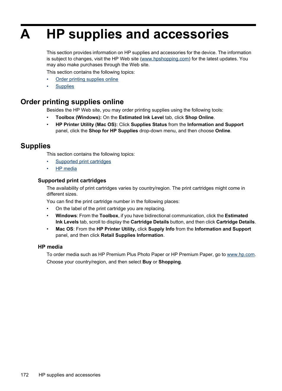 Hp supplies and accessories, Order printing supplies online, Supplies | Supported print cartridges, Hp media, A hp supplies and accessories, Order printing supplies online supplies, Supported print cartridges hp media, Ahp supplies and accessories | HP Officejet J6480 All-in-One Printer User Manual | Page 176 / 218