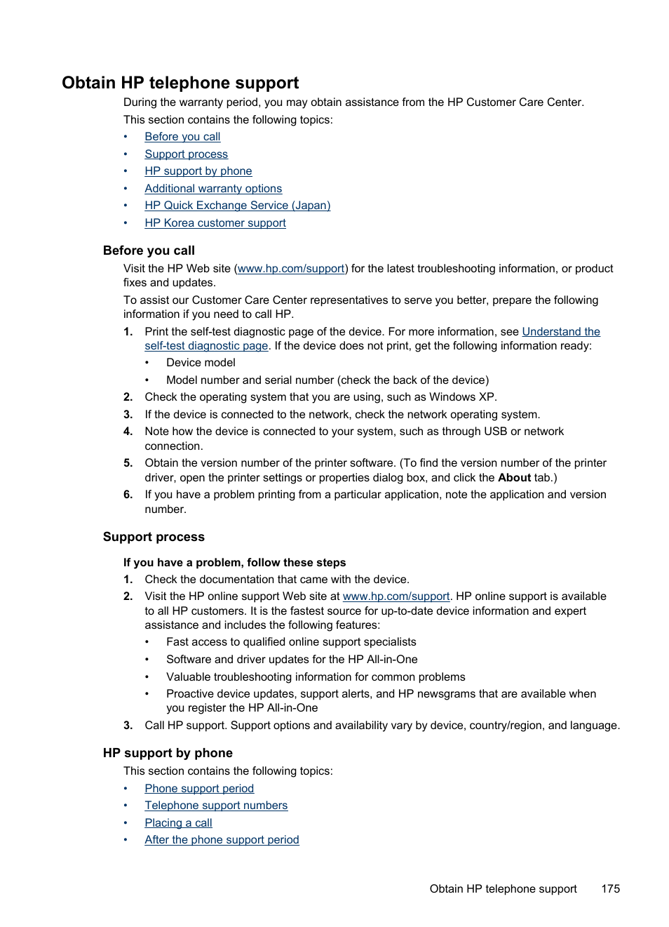 Obtain hp telephone support, Before you call, Support process | Hp support by phone | HP Officejet J6480 All-in-One Printer User Manual | Page 179 / 218