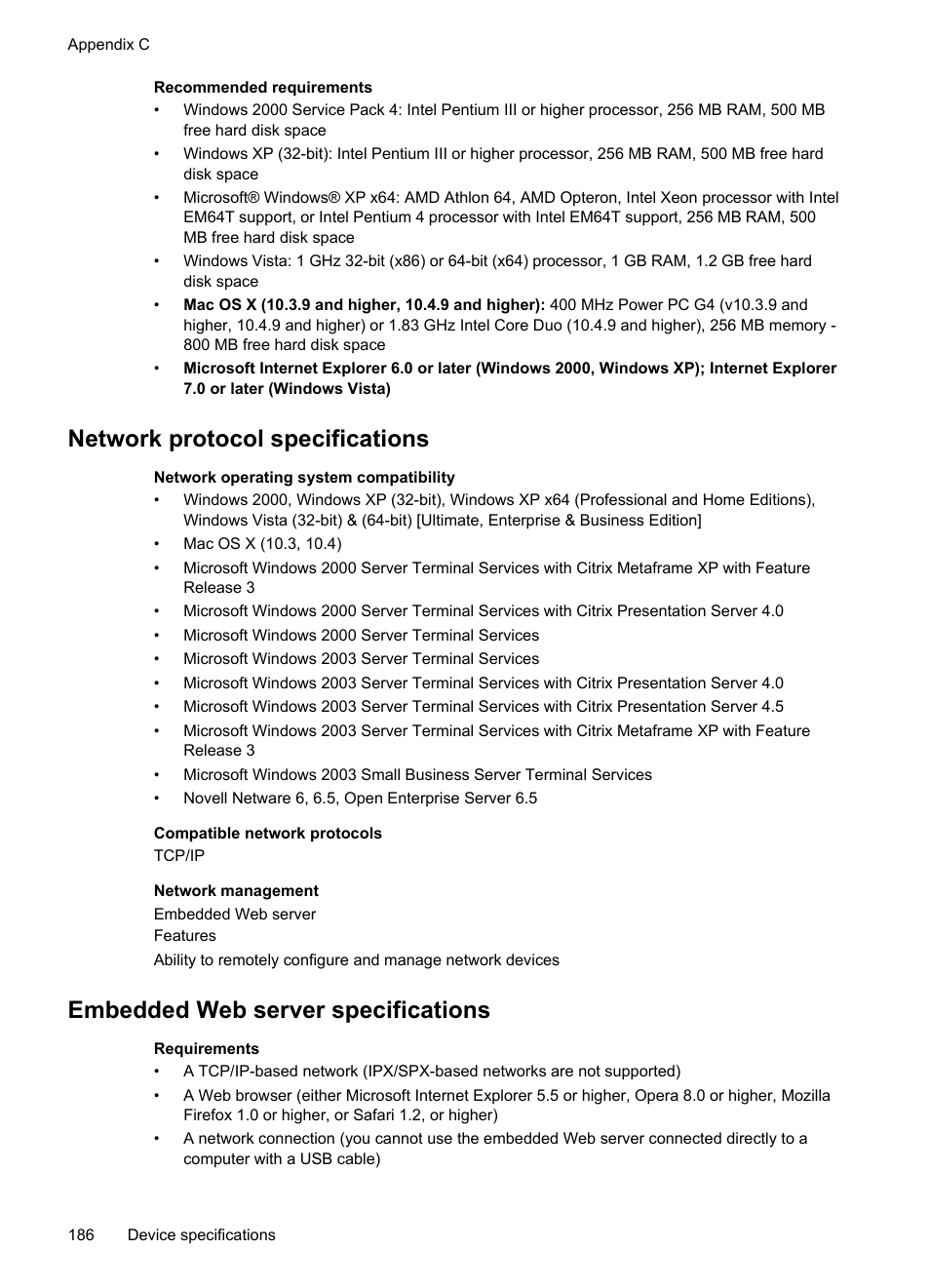 Network protocol specifications, Embedded web server specifications | HP Officejet J6480 All-in-One Printer User Manual | Page 190 / 218