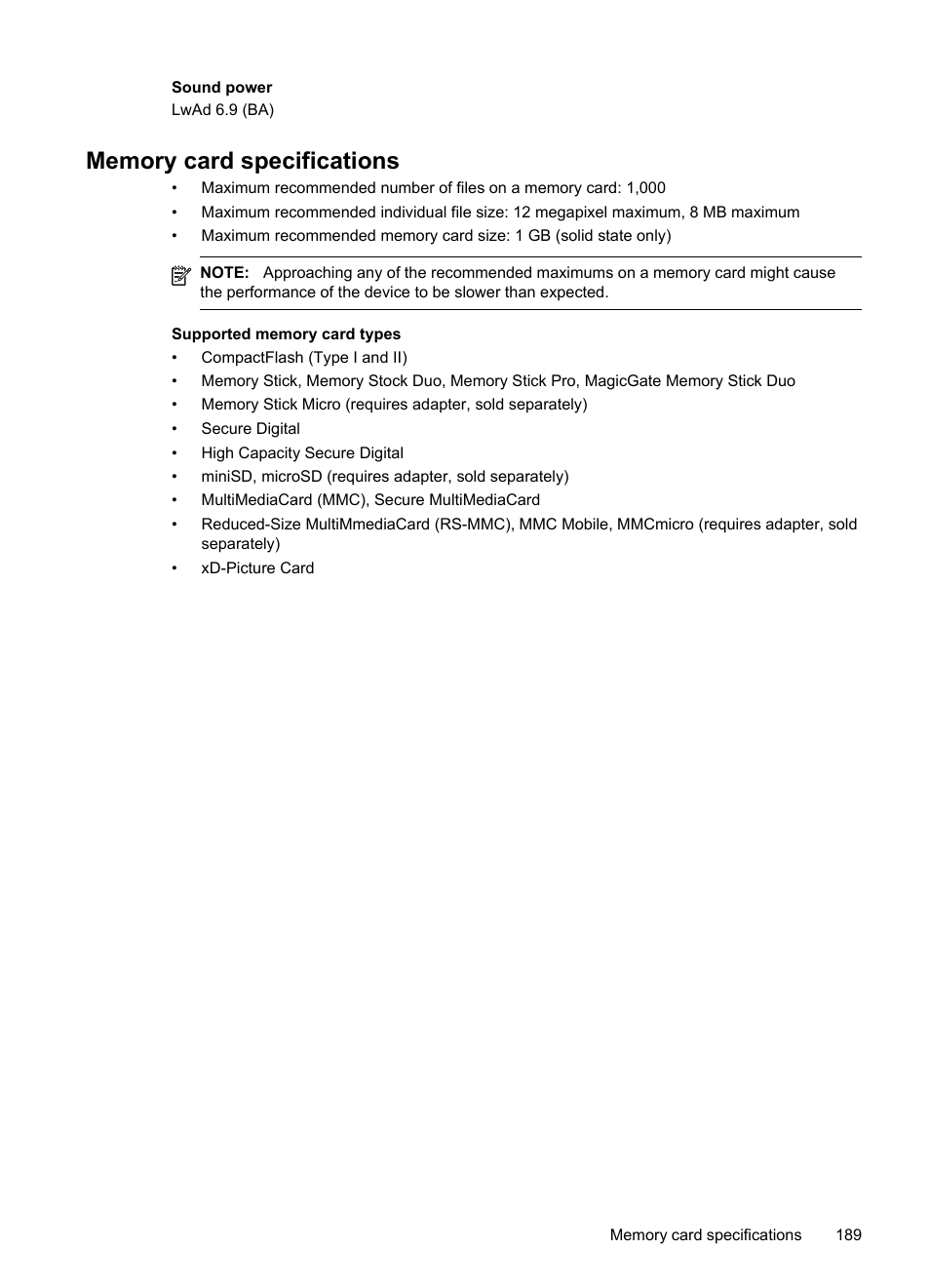 Memory card specifications | HP Officejet J6480 All-in-One Printer User Manual | Page 193 / 218