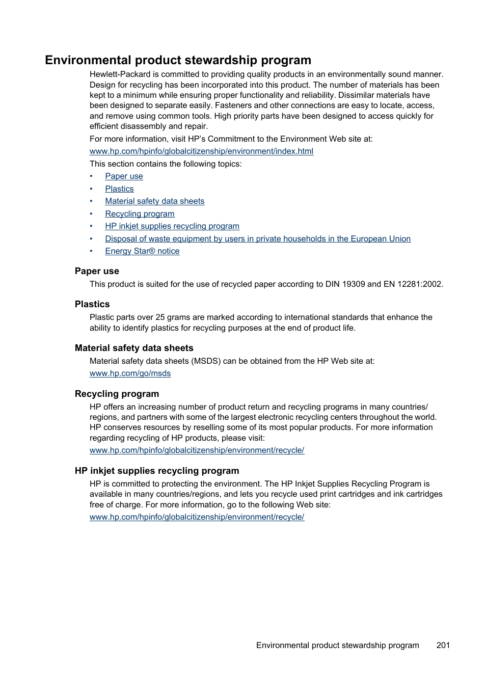 Environmental product stewardship program, Paper use, Plastics | Material safety data sheets, Recycling program, Hp inkjet supplies recycling program | HP Officejet J6480 All-in-One Printer User Manual | Page 205 / 218