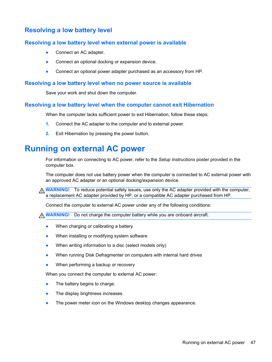 Resolving a low battery level, Running on external ac power | HP ENVY Sleekbook 4-1110us User Manual | Page 57 / 89