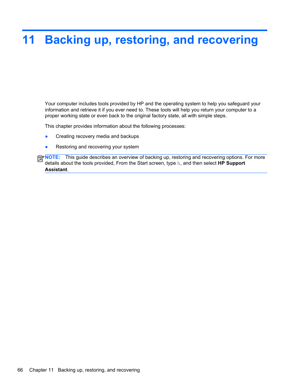 Backing up, restoring, and recovering, 11 backing up, restoring, and recovering, Backing up | HP ENVY Sleekbook 4-1110us User Manual | Page 76 / 89