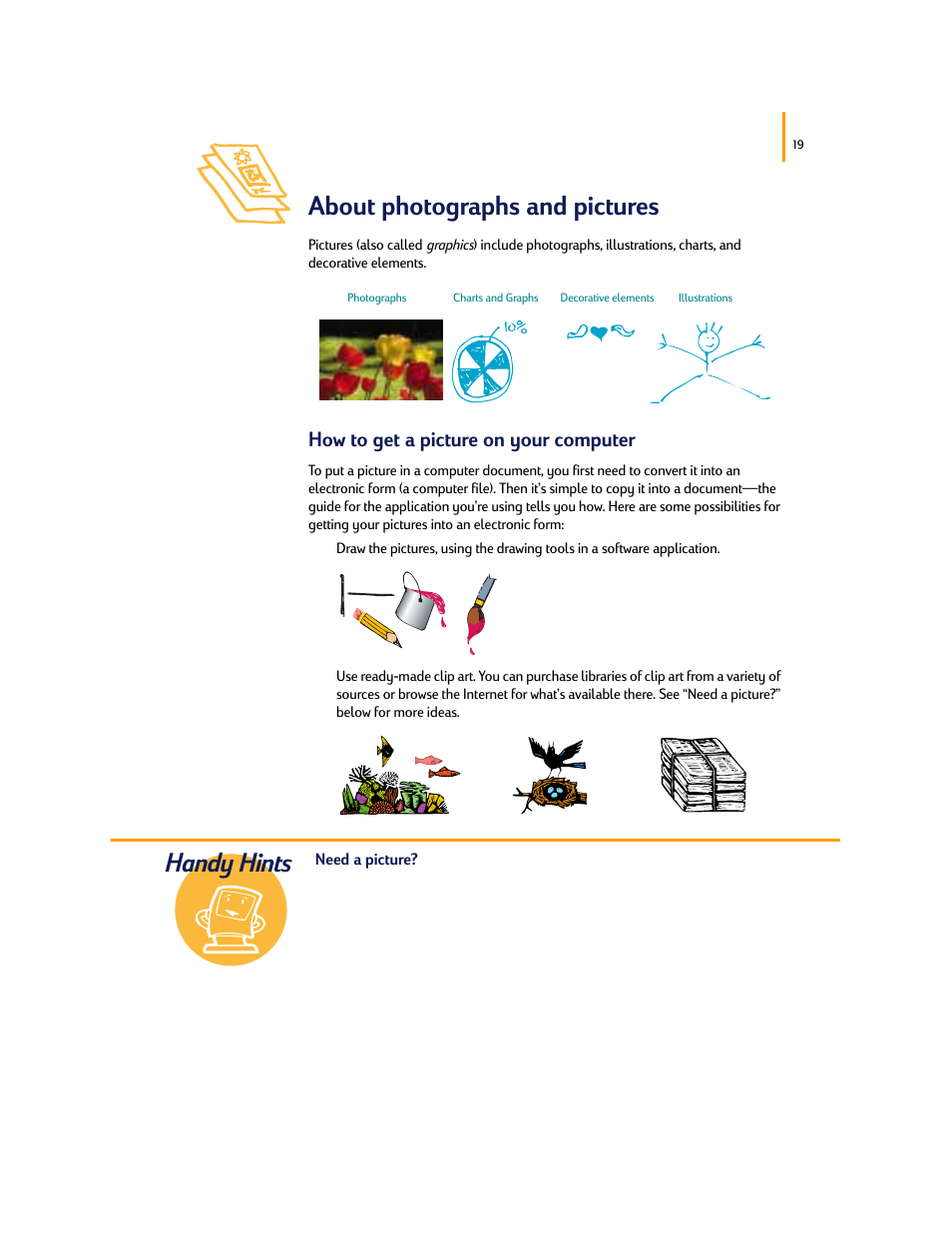 About photographs and pictures, Handy hints, How to get a picture on your computer | HP Deskjet 695c Printer User Manual | Page 38 / 95
