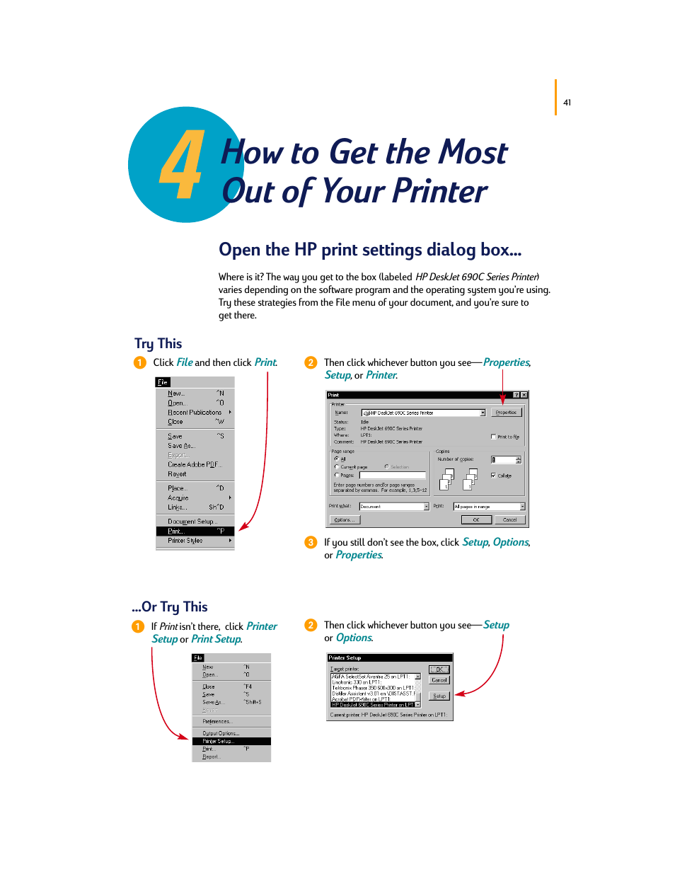 How to get the most out of your printer, Open the hp print settings dialog box, Try this …or try this | HP Deskjet 695c Printer User Manual | Page 60 / 95