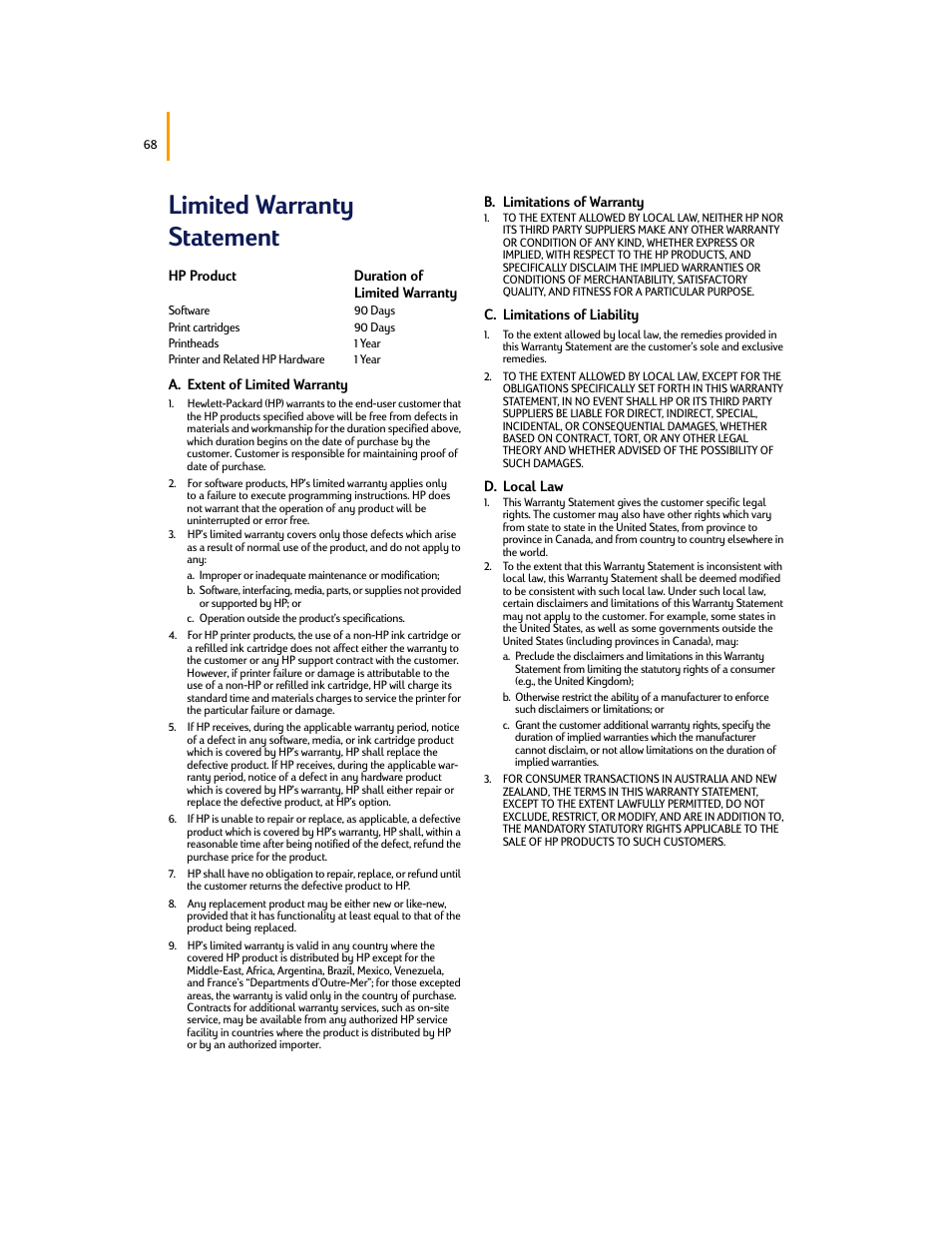Limited warranty statement | HP Deskjet 695c Printer User Manual | Page 87 / 95