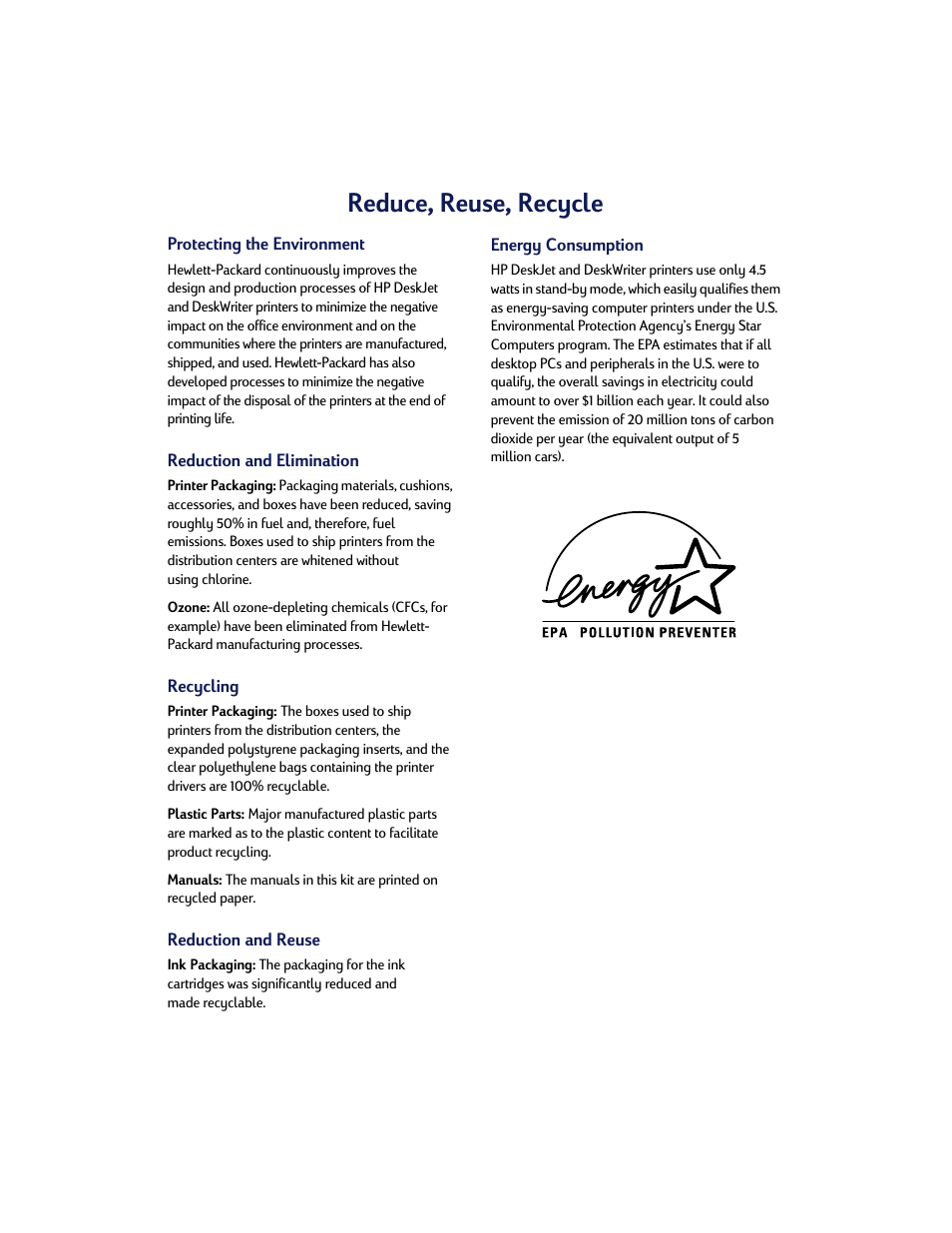 Reduce, reuse, recycle | HP Deskjet 695c Printer User Manual | Page 95 / 95