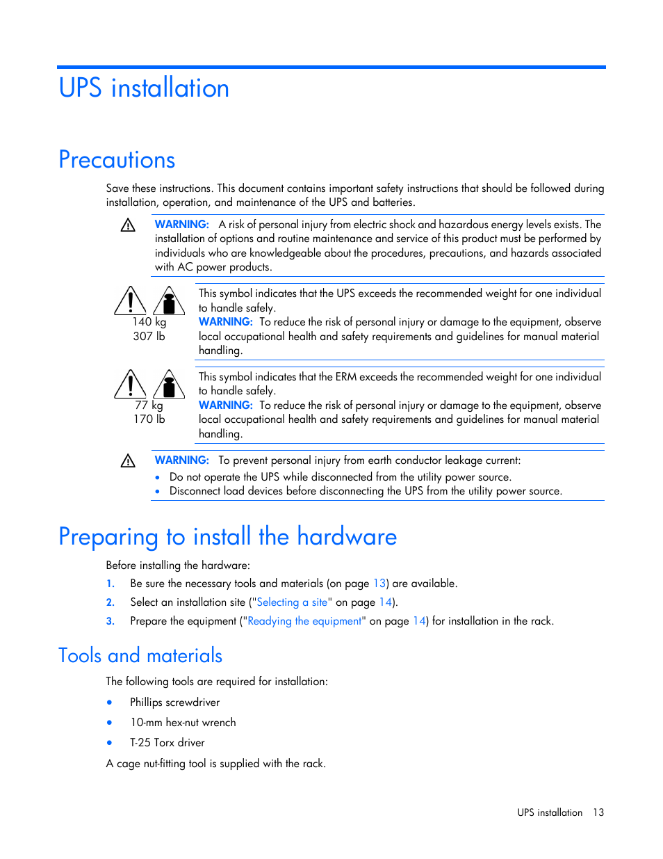 Ups installation, Precautions, Preparing to install the hardware | Tools and materials | HP Parallel Uninterruptible Power System User Manual | Page 13 / 115