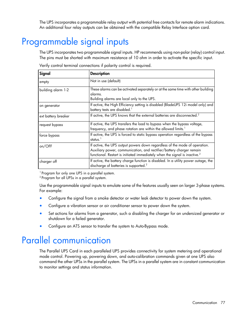 Programmable signal inputs, Parallel communication | HP Parallel Uninterruptible Power System User Manual | Page 77 / 115