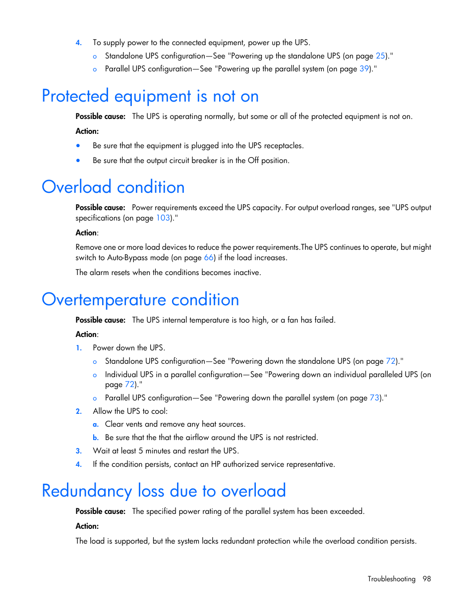 Protected equipment is not on, Overload condition, Overtemperature condition | Redundancy loss due to overload, Overload, Condition, Overtemperature | HP Parallel Uninterruptible Power System User Manual | Page 98 / 115