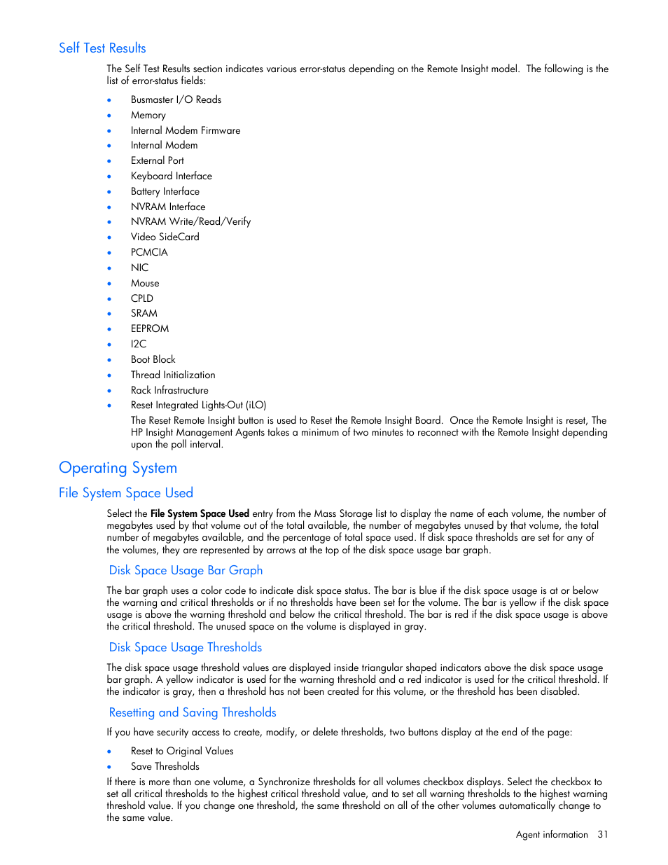 Self test results, Operating system, File system space used | Disk space usage bar graph, Disk space usage thresholds, Resetting and saving thresholds | HP Insight Management Agents User Manual | Page 31 / 99