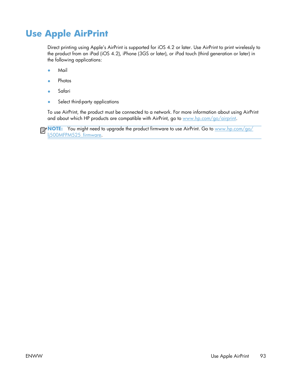 Use apple airprint | HP LaserJet Enterprise 500 MFP M525 User Manual | Page 107 / 294