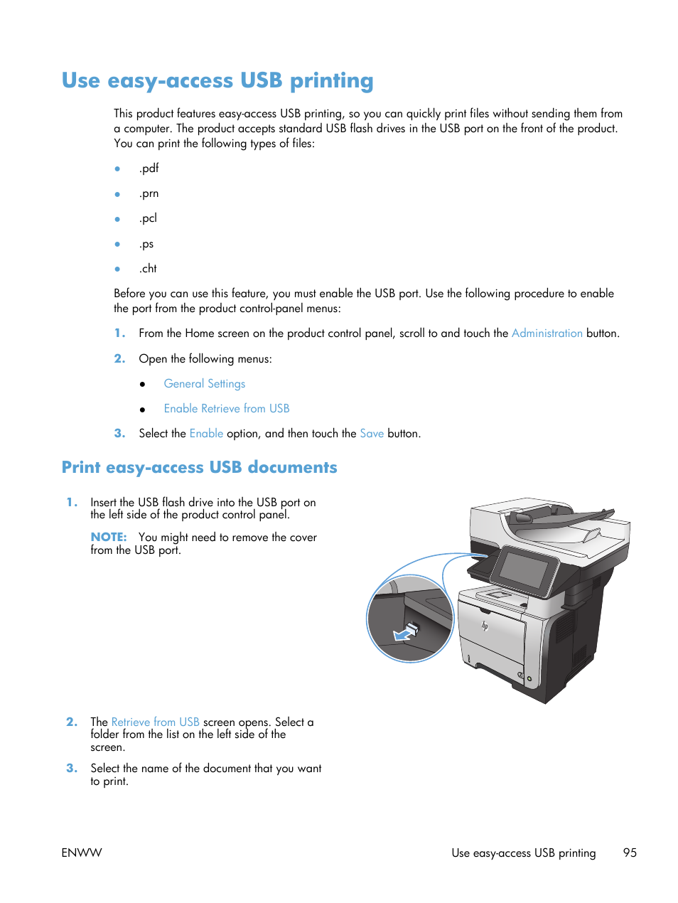 Use easy-access usb printing, Print easy-access usb documents | HP LaserJet Enterprise 500 MFP M525 User Manual | Page 109 / 294