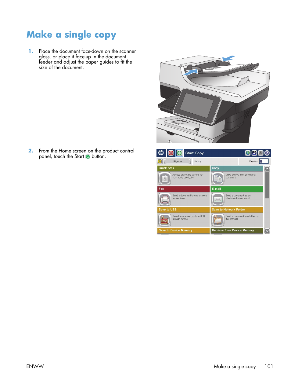 Make a single copy | HP LaserJet Enterprise 500 MFP M525 User Manual | Page 115 / 294