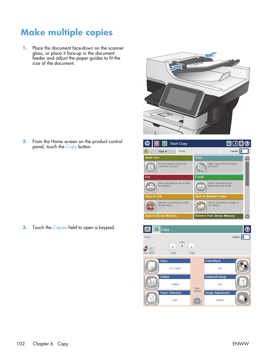 Make multiple copies | HP LaserJet Enterprise 500 MFP M525 User Manual | Page 116 / 294