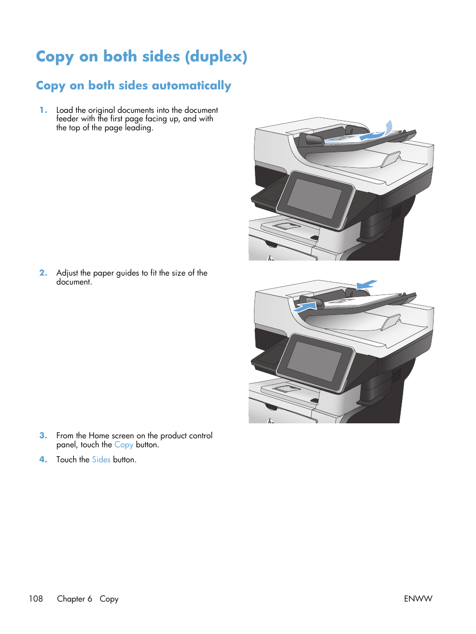 Copy on both sides (duplex), Copy on both sides automatically | HP LaserJet Enterprise 500 MFP M525 User Manual | Page 122 / 294