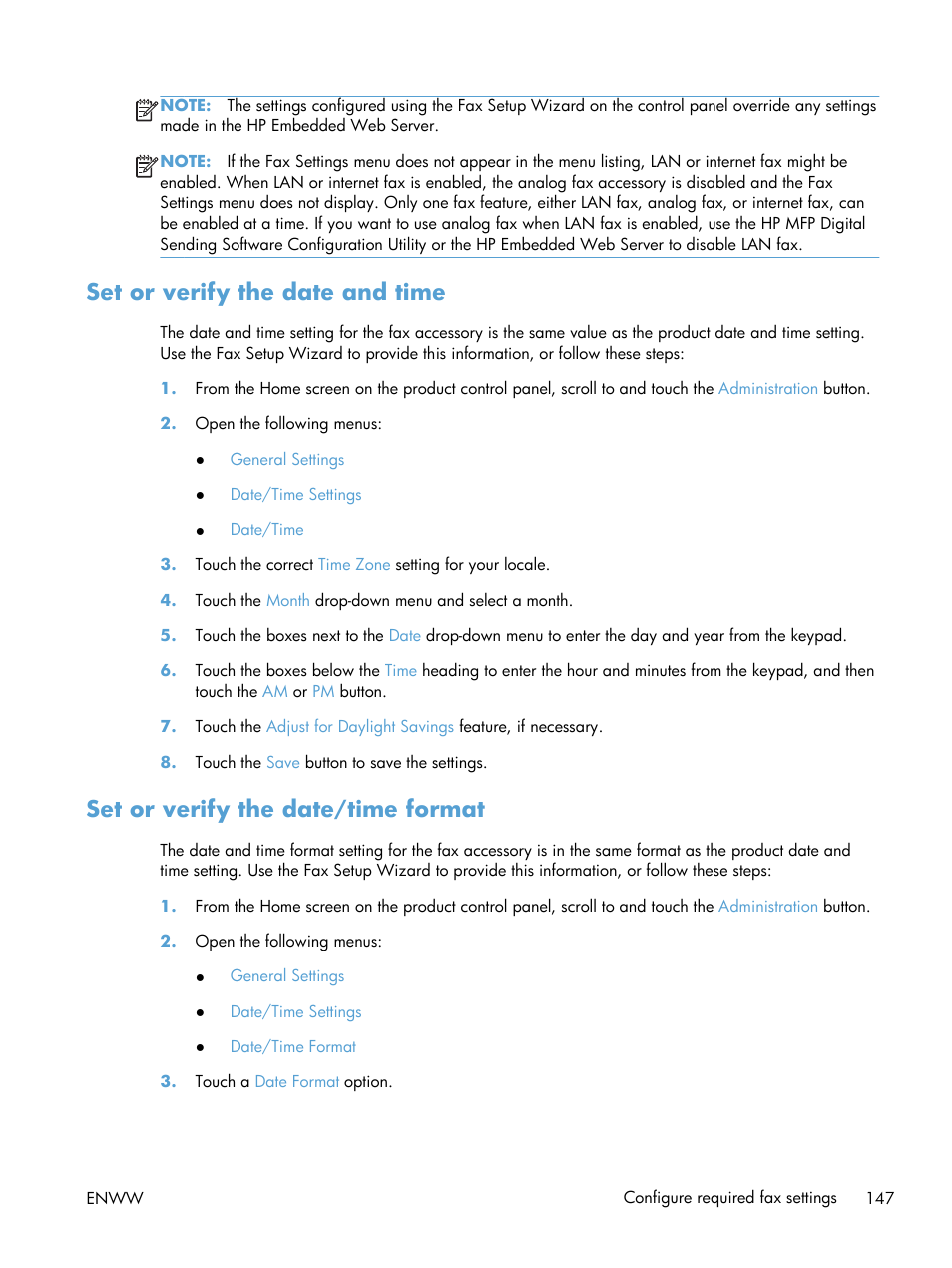Set or verify the date and time, Set or verify the date/time format | HP LaserJet Enterprise 500 MFP M525 User Manual | Page 161 / 294