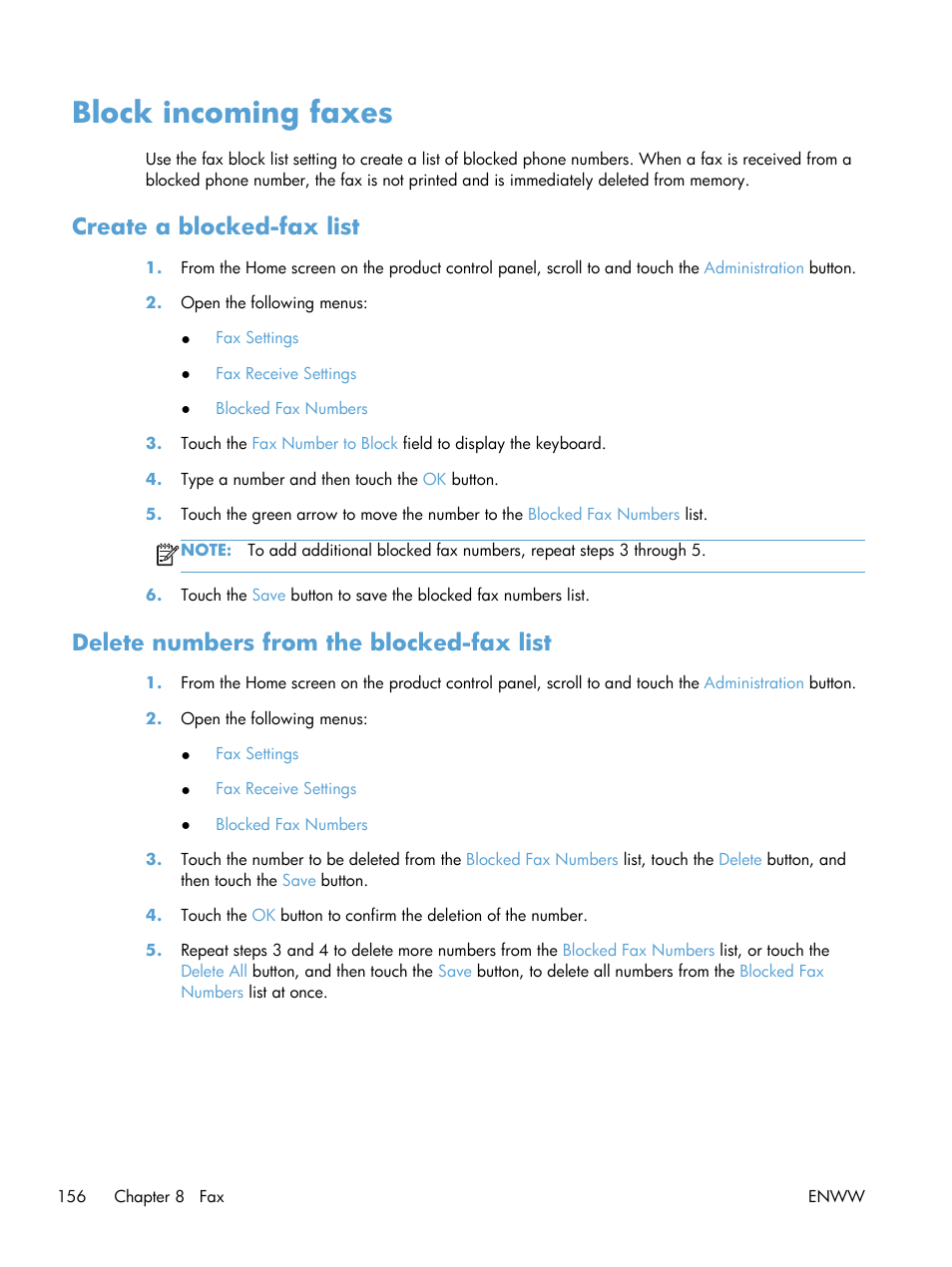 Block incoming faxes, Create a blocked-fax list, Delete numbers from the blocked-fax list | HP LaserJet Enterprise 500 MFP M525 User Manual | Page 170 / 294