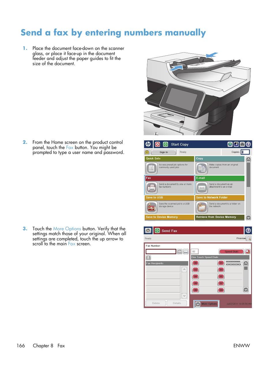 Send a fax by entering numbers manually | HP LaserJet Enterprise 500 MFP M525 User Manual | Page 180 / 294