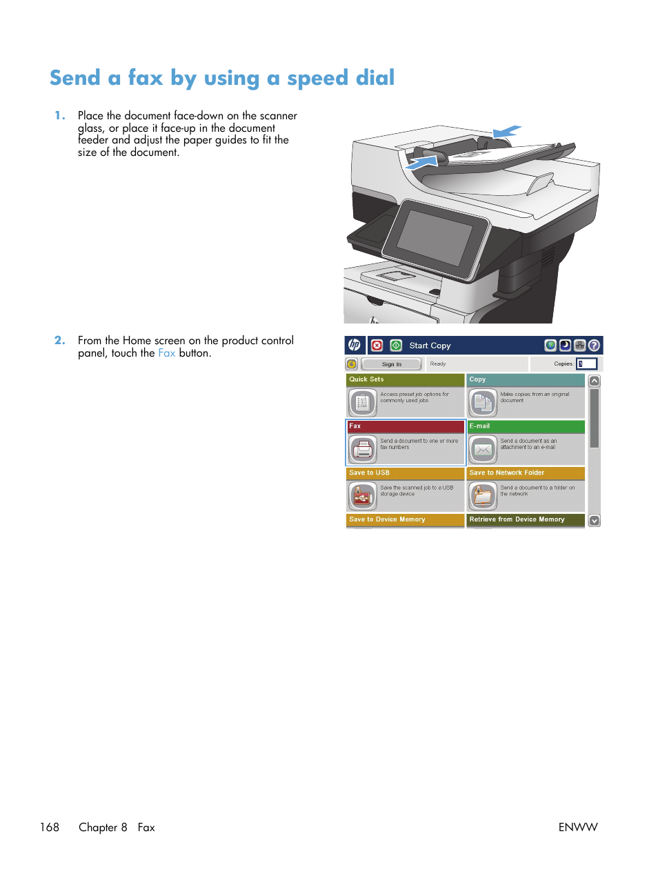 Send a fax by using a speed dial | HP LaserJet Enterprise 500 MFP M525 User Manual | Page 182 / 294