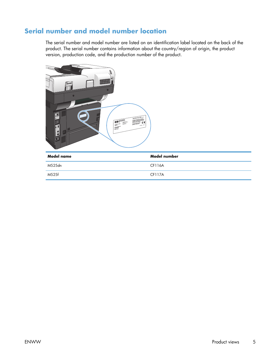 Serial number and model number location | HP LaserJet Enterprise 500 MFP M525 User Manual | Page 19 / 294