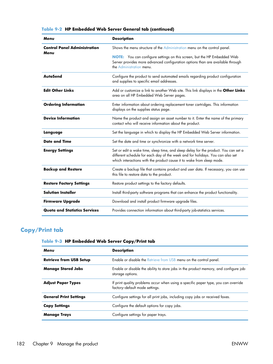 Copy/print tab, 182 chapter 9 manage the product enww | HP LaserJet Enterprise 500 MFP M525 User Manual | Page 196 / 294