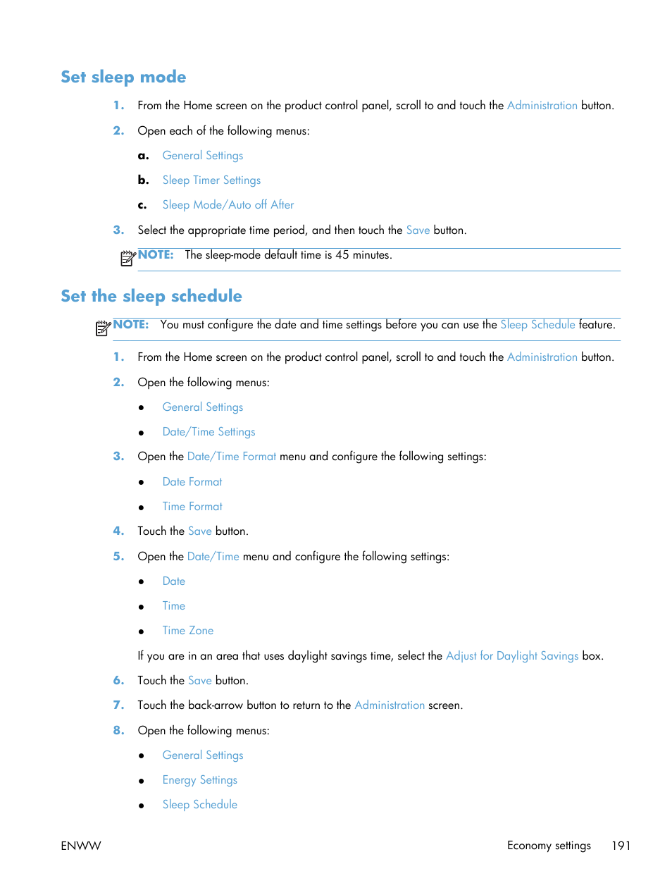 Set sleep mode, Set the sleep schedule, Set sleep mode set the sleep schedule | HP LaserJet Enterprise 500 MFP M525 User Manual | Page 205 / 294