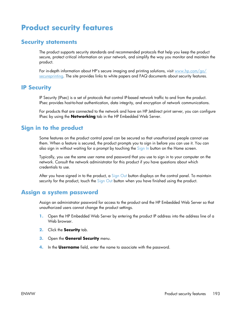 Product security features, Security statements, Ip security | Sign in to the product, Assign a system password | HP LaserJet Enterprise 500 MFP M525 User Manual | Page 207 / 294