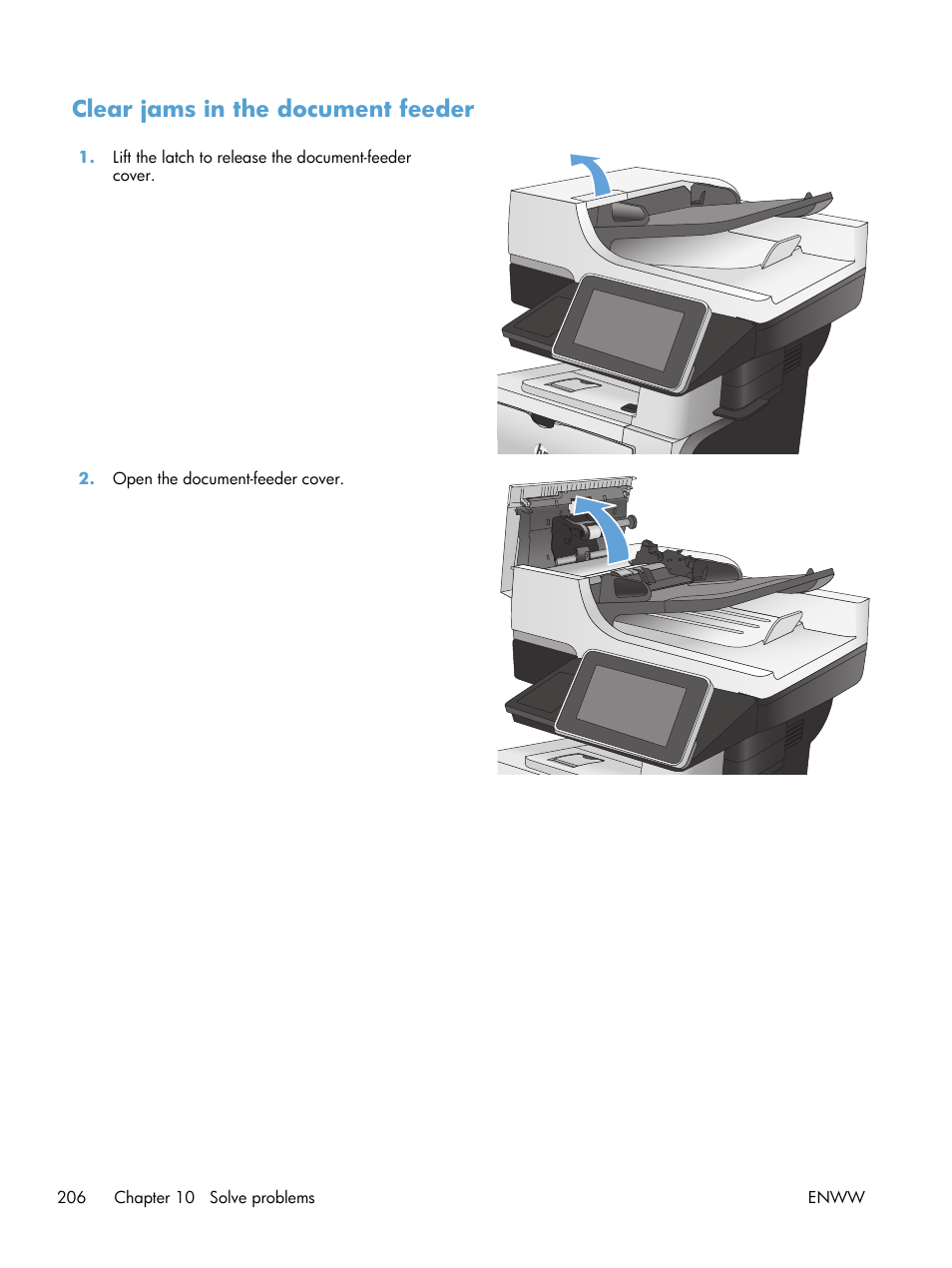 Clear jams in the document feeder | HP LaserJet Enterprise 500 MFP M525 User Manual | Page 220 / 294
