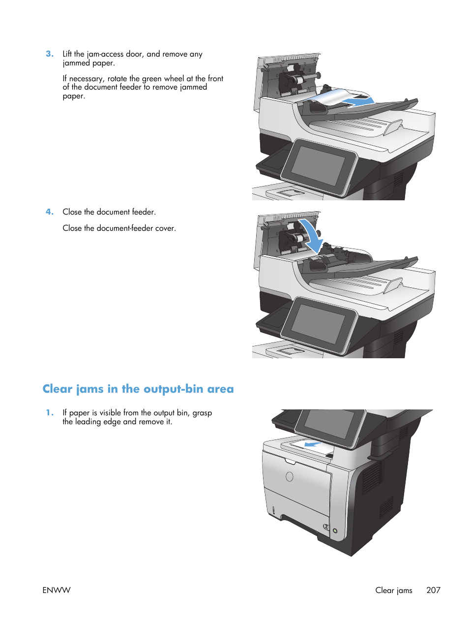 Clear jams in the output-bin area | HP LaserJet Enterprise 500 MFP M525 User Manual | Page 221 / 294