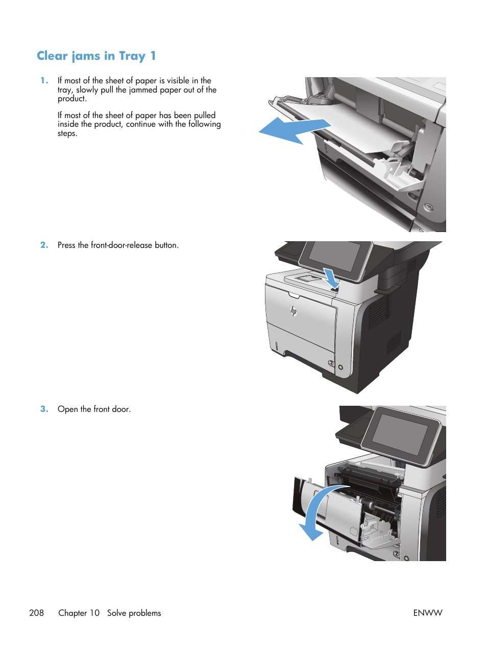 Clear jams in tray 1 | HP LaserJet Enterprise 500 MFP M525 User Manual | Page 222 / 294