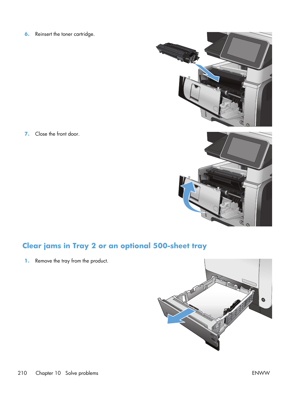 Clear jams in tray 2 or an optional 500-sheet tray | HP LaserJet Enterprise 500 MFP M525 User Manual | Page 224 / 294