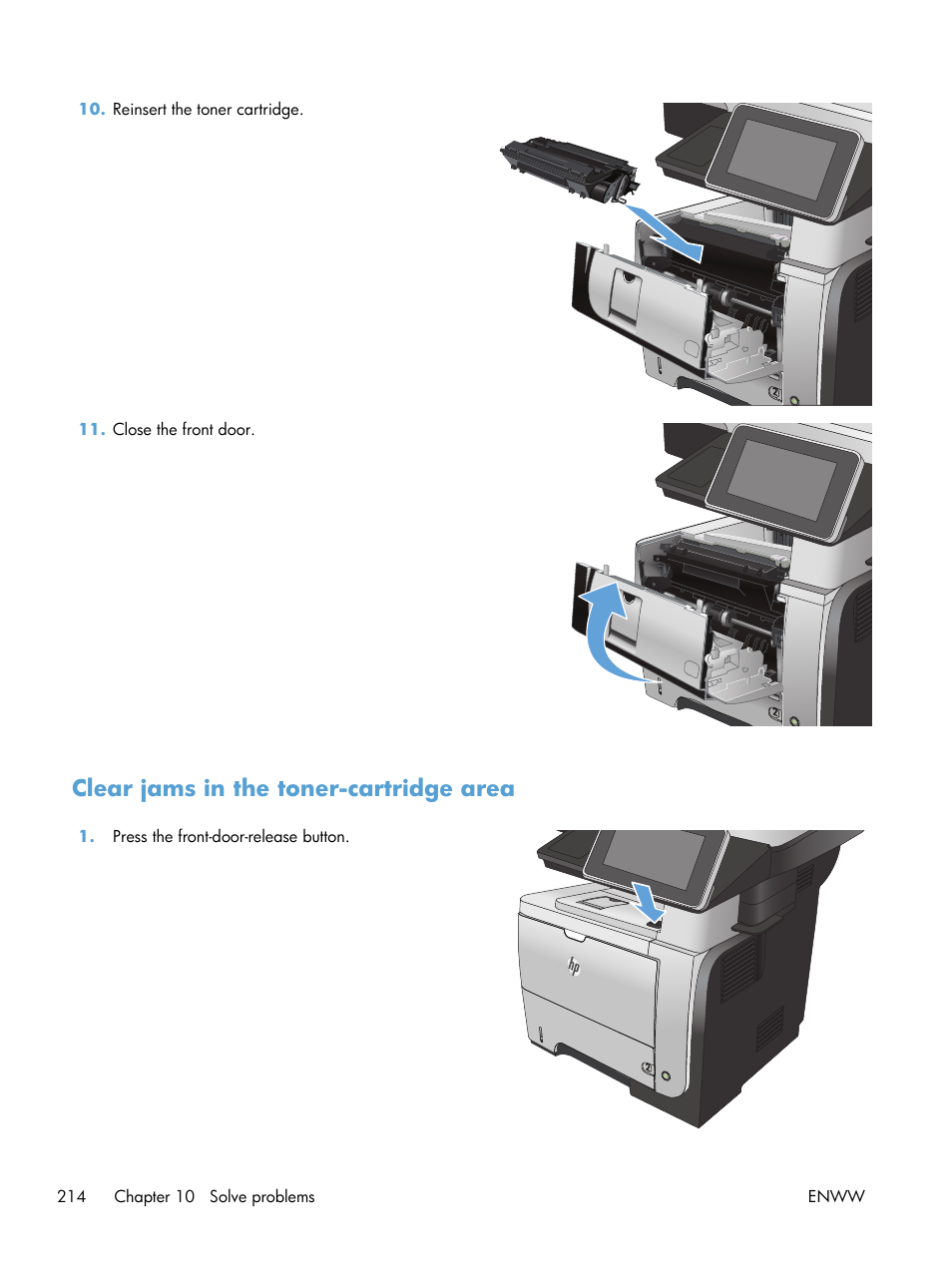 Clear jams in the toner-cartridge area | HP LaserJet Enterprise 500 MFP M525 User Manual | Page 228 / 294