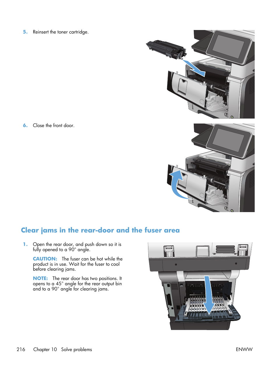 Clear jams in the rear-door and the fuser area | HP LaserJet Enterprise 500 MFP M525 User Manual | Page 230 / 294