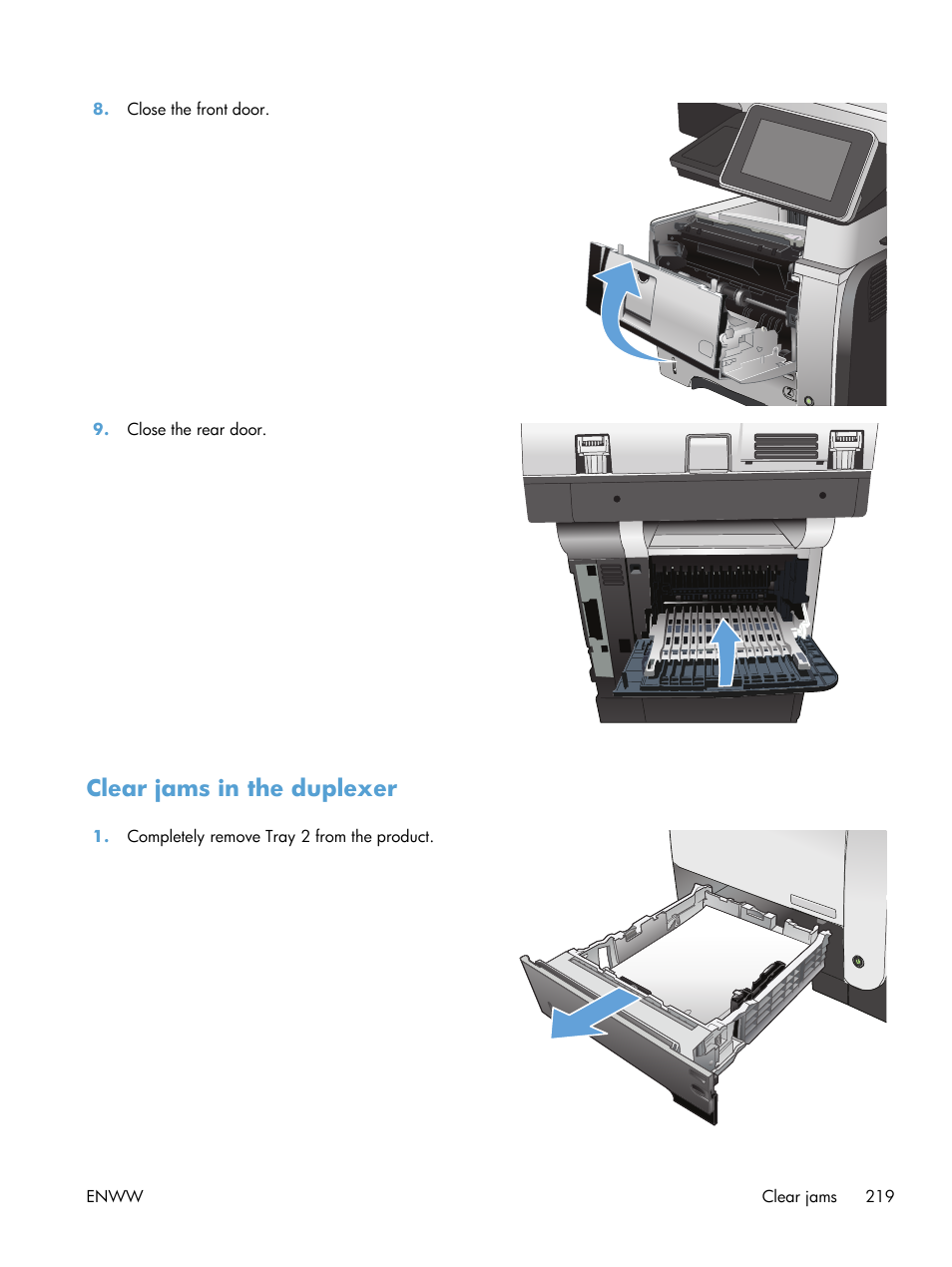 Clear jams in the duplexer | HP LaserJet Enterprise 500 MFP M525 User Manual | Page 233 / 294